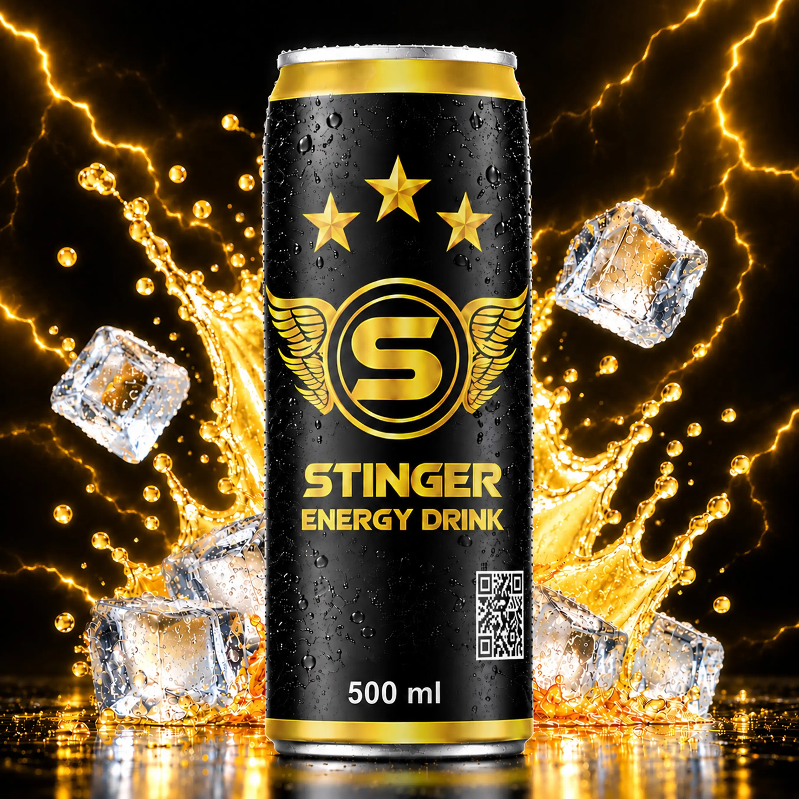 STINGER Energy Drink 500 ml black and gold can surrounded by golden splash, ice cubes and lightning.